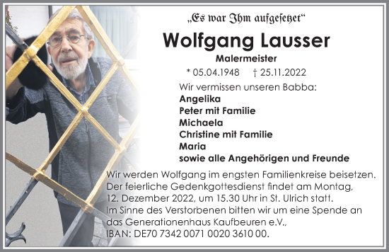 Traueranzeige von Wolfgang Lausser von Allgäuer Zeitung, Kaufbeuren/Buchloe