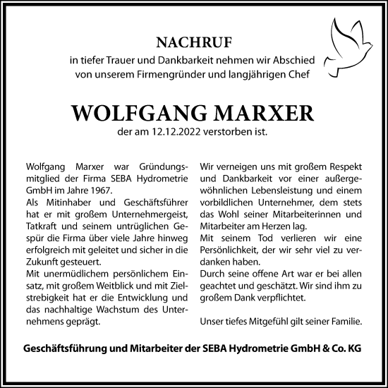Traueranzeige von Wolfgang Marxer von Allgäuer Zeitung, Kaufbeuren/Buchloe