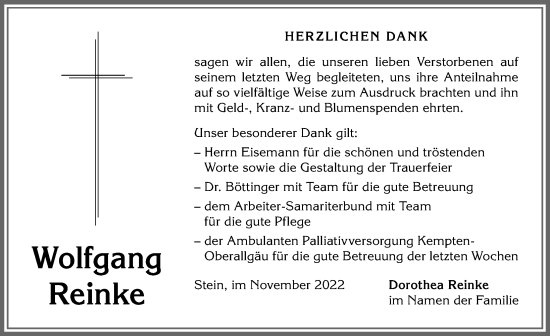Traueranzeige von Wolfgang Reinke von Allgäuer Anzeigeblatt