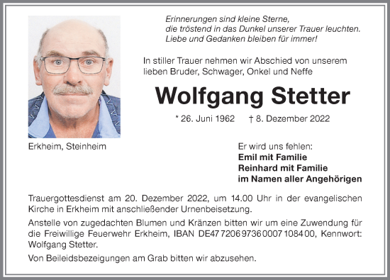 Traueranzeige von Wolfgang Stetter von Memminger Zeitung