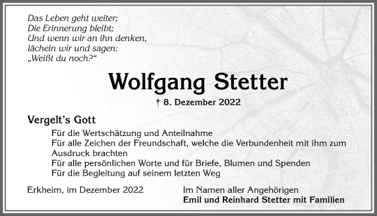 Traueranzeige von Wolfgang Stetter von Memminger Zeitung