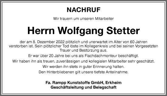 Traueranzeige von Wolfgang Stetter von Memminger Zeitung