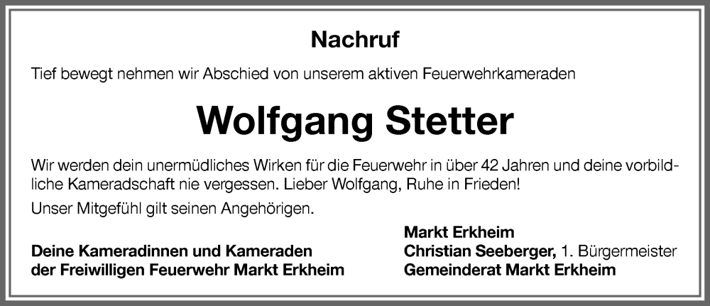  Traueranzeige für Wolfgang Stetter vom 17.12.2022 aus Memminger Zeitung