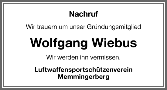 Traueranzeige von Wolfgang Wiebus von Memminger Zeitung