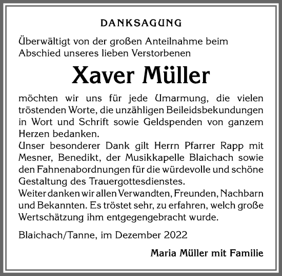 Traueranzeige von Xaver Müller von Allgäuer Anzeigeblatt