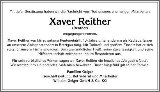 Traueranzeige von Xaver Reither von Allgäuer Zeitung,Kempten