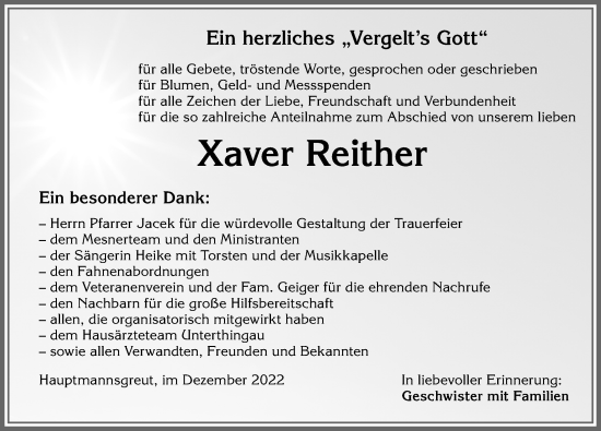 Traueranzeige von Xaver Reither von Allgäuer Zeitung,Kempten