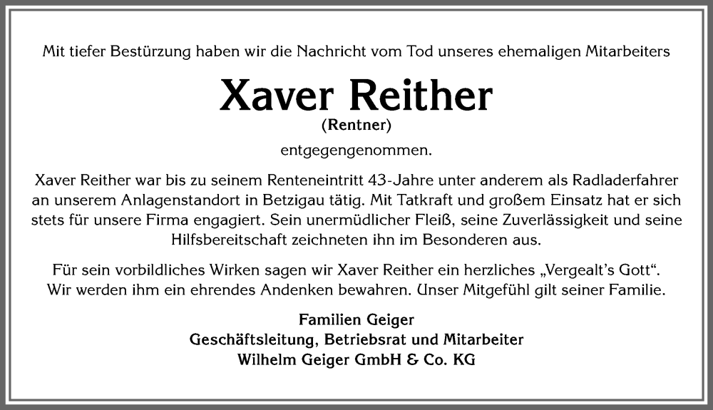 Traueranzeigen von Xaver Reither | Allgäuer Zeitung