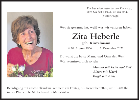 Traueranzeige von Zita Heberle von Allgäuer Zeitung