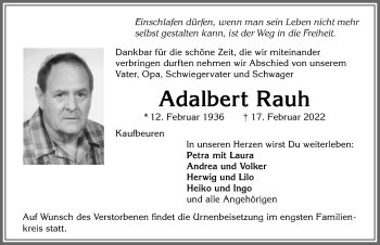 Traueranzeige von Adalbert Rauh von Allgäuer Zeitung, Kaufbeuren/Buchloe