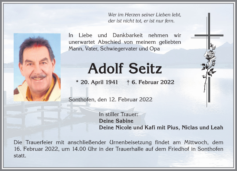  Traueranzeige für Adolf Seitz vom 12.02.2022 aus Allgäuer Anzeigeblatt