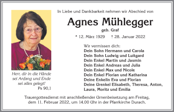 Traueranzeige von Agnes Mühlegger von Allgäuer Anzeigeblatt
