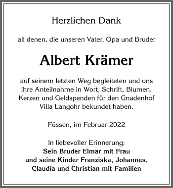 Traueranzeige von Albert Krämer von Allgäuer Zeitung, Füssen