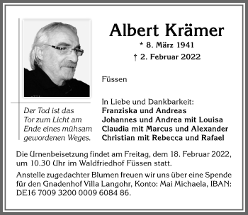 Traueranzeige von Albert Krämer von Allgäuer Zeitung, Füssen