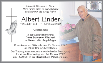 Traueranzeige von Albert Linder von Allgäuer Zeitung,Kempten