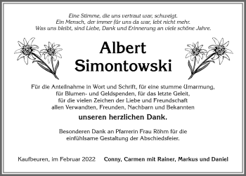 Traueranzeige von Albert Simontowski von Allgäuer Zeitung, Kaufbeuren/Buchloe