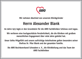Traueranzeige von Alexander Blank von Der Westallgäuer