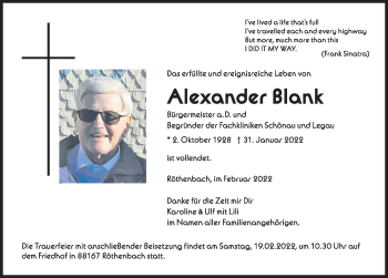 Traueranzeige von Alexander Blank von Der Westallgäuer