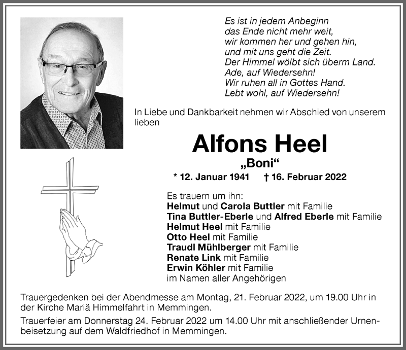  Traueranzeige für Alfons Heel vom 19.02.2022 aus Memminger Zeitung