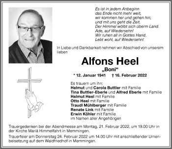 Traueranzeige von Alfons Heel von Memminger Zeitung