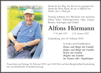Traueranzeige von Alfons Hörmann von Der Westallgäuer
