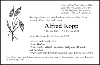 Traueranzeige von Alfred Kopp von Der Westallgäuer