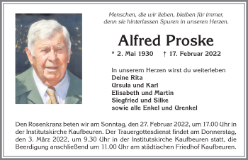 Traueranzeige von Alfred Proske von Allgäuer Zeitung, Kaufbeuren/Buchloe