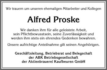 Traueranzeige von Alfred Proske von Allgäuer Zeitung, Kaufbeuren/Buchloe