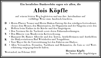 Traueranzeige von Alois Köpfle von Allgäuer Zeitung, Kaufbeuren/Buchloe