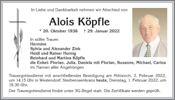 Traueranzeige von Alois Köpfle von Allgäuer Zeitung, Kaufbeuren/Buchloe