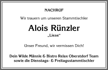 Traueranzeige von Alois Rünzler von Allgäuer Anzeigeblatt
