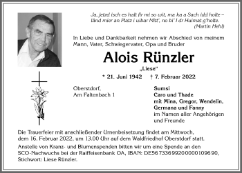 Traueranzeige von Alois Rünzler von Allgäuer Anzeigeblatt