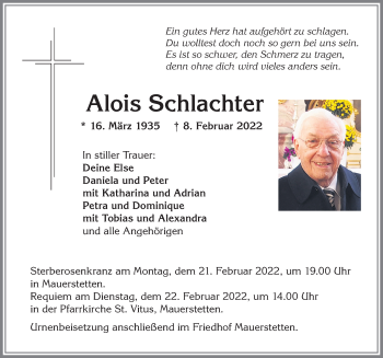 Traueranzeige von Alois Schlachter von Allgäuer Zeitung, Kaufbeuren/Buchloe