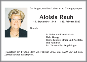 Traueranzeige von Aloisia Rauh von Allgäuer Zeitung,Kempten