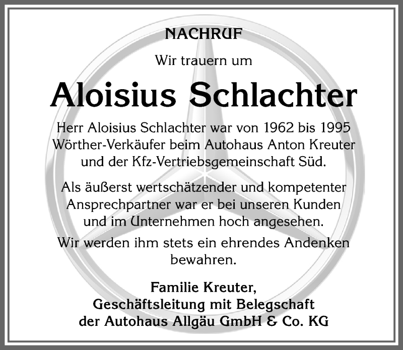  Traueranzeige für Aloisius Schlachter vom 22.02.2022 aus Allgäuer Zeitung, Kaufbeuren/Buchloe