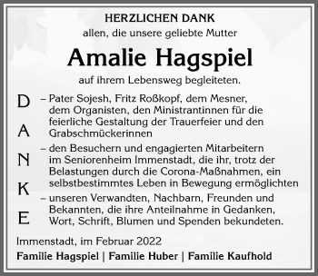 Traueranzeige von Amalie Hagspiel von Allgäuer Anzeigeblatt