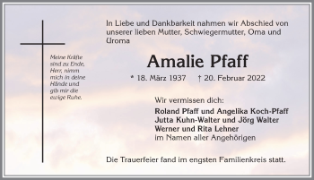 Traueranzeige von Amalie Pfaff von Allgäuer Zeitung,Kempten