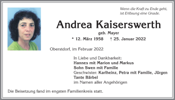 Traueranzeige von Andrea Kaiserswerth von Allgäuer Anzeigeblatt