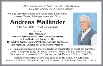 Traueranzeige von Andreas Mailänder von Allgäuer Zeitung, Marktoberdorf