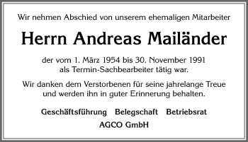Traueranzeige von Andreas Mailänder von Allgäuer Zeitung, Marktoberdorf
