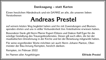 Traueranzeige von Andreas Prestel von Allgäuer Zeitung,Kempten