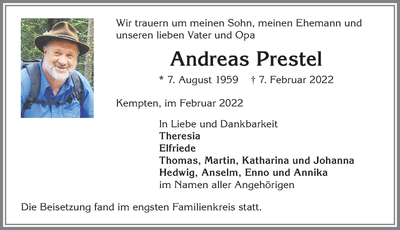  Traueranzeige für Andreas Prestel vom 12.02.2022 aus Allgäuer Zeitung,Kempten