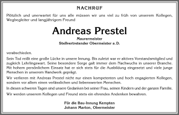 Traueranzeige von Andreas Prestel von Allgäuer Zeitung,Kempten