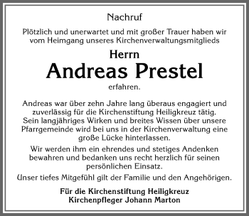 Traueranzeige von Andreas Prestel von Allgäuer Zeitung,Kempten