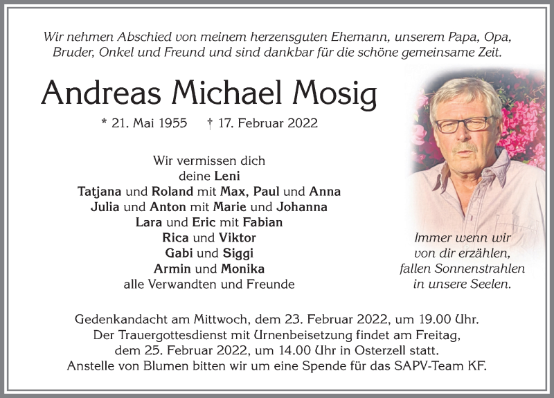  Traueranzeige für Andreas Michael Mosig vom 22.02.2022 aus Allgäuer Zeitung, Kaufbeuren/Buchloe