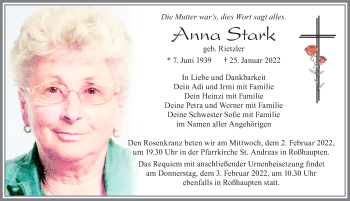 Traueranzeige von Anna Stark von Allgäuer Zeitung, Füssen