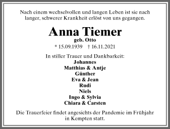Traueranzeige von Anna Tiemer von Allgäuer Zeitung,Kempten