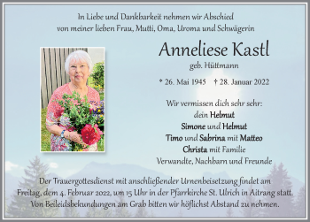 Traueranzeige von Anneliese Kastl von Allgäuer Zeitung, Kaufbeuren/Buchloe