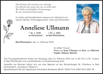 Traueranzeige von Anneliese Ullmann von Allgäuer Zeitung, Kaufbeuren/Buchloe