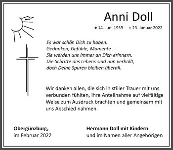 Traueranzeige von Anni Doll von Allgäuer Zeitung, Marktoberdorf